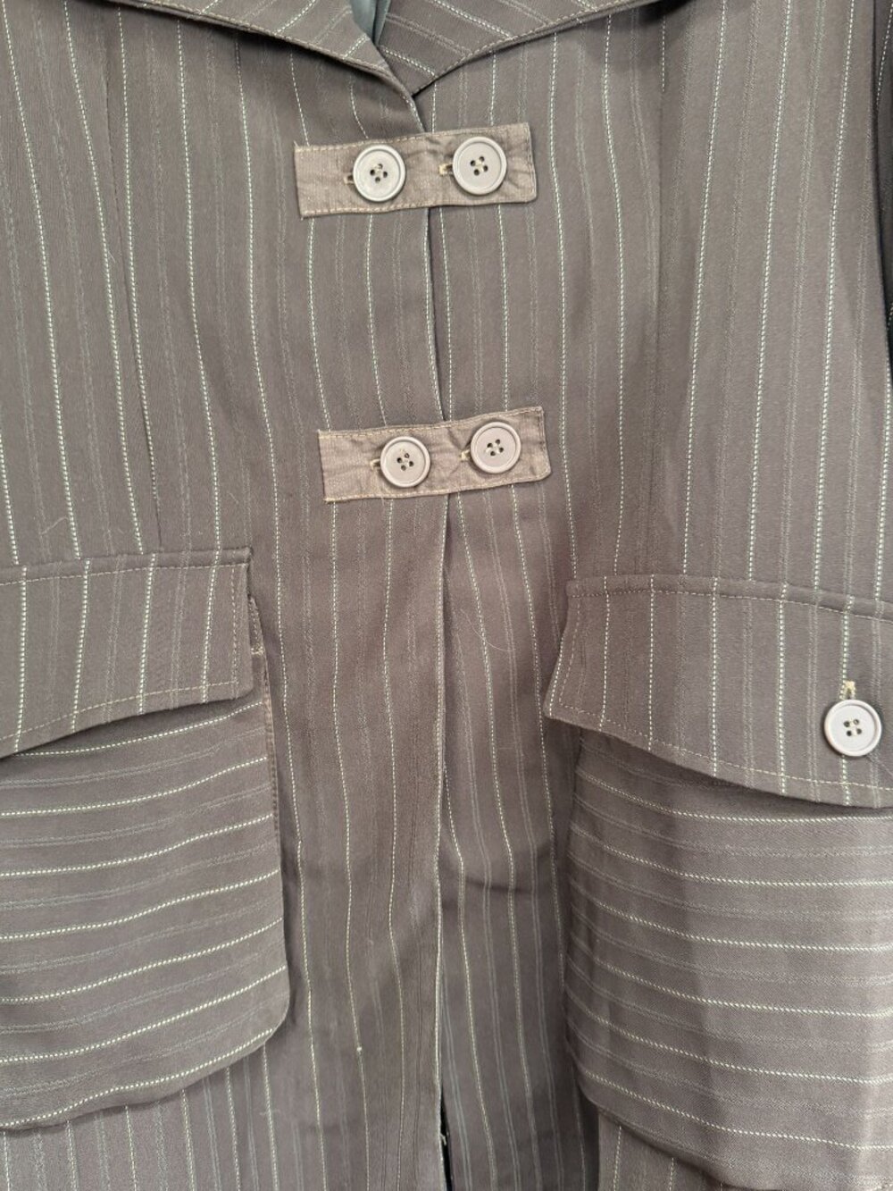 Animale Women's Size 10 Brown Pinstripe Long Coat Jacket Drawstring Hem NWT $238 - Picture 2 of 8